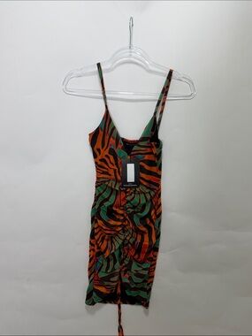 PrettyLittleThing Orange Green Zebra-Print Ruched Slip Dress